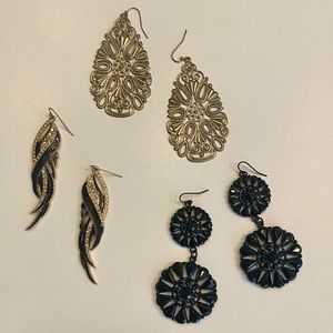 3 pairs of black/gold statement earrings